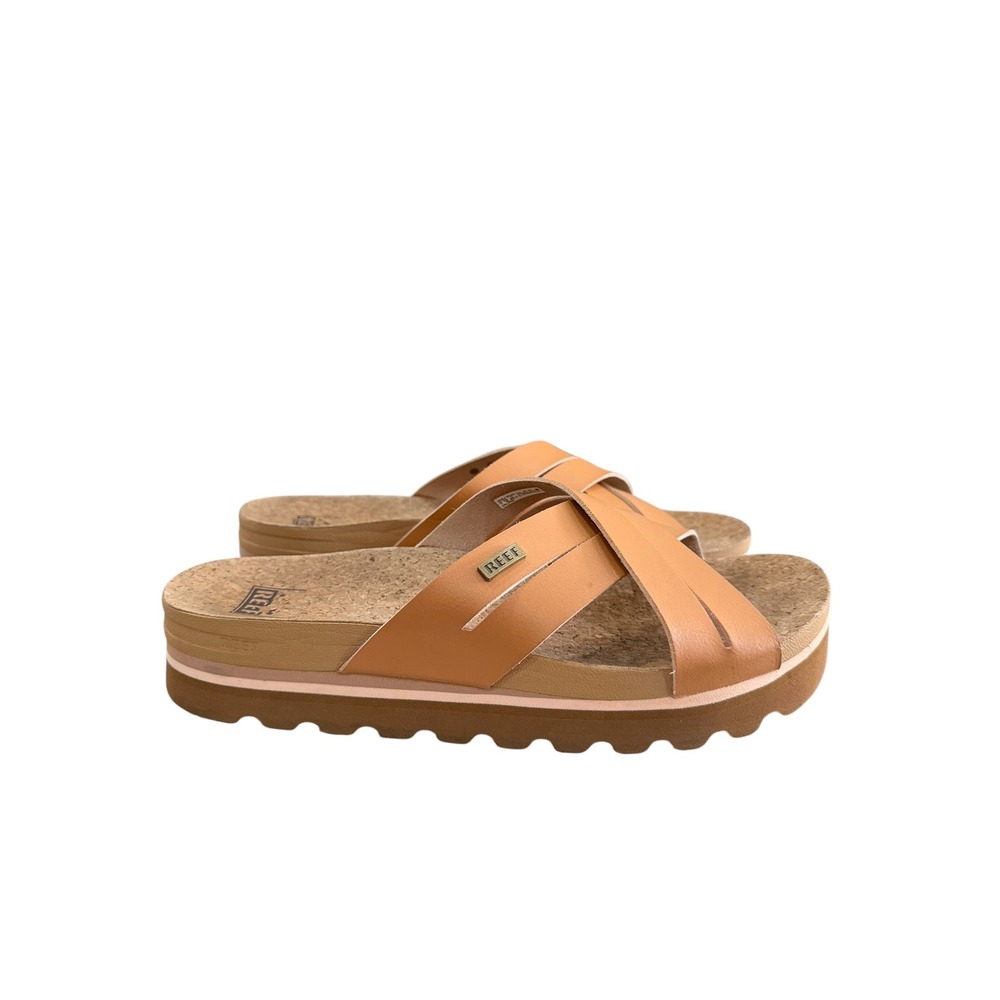 Reef Kaia Cross Tan Platform Sandals Women 9 Crisscross Slide Cork Footbed